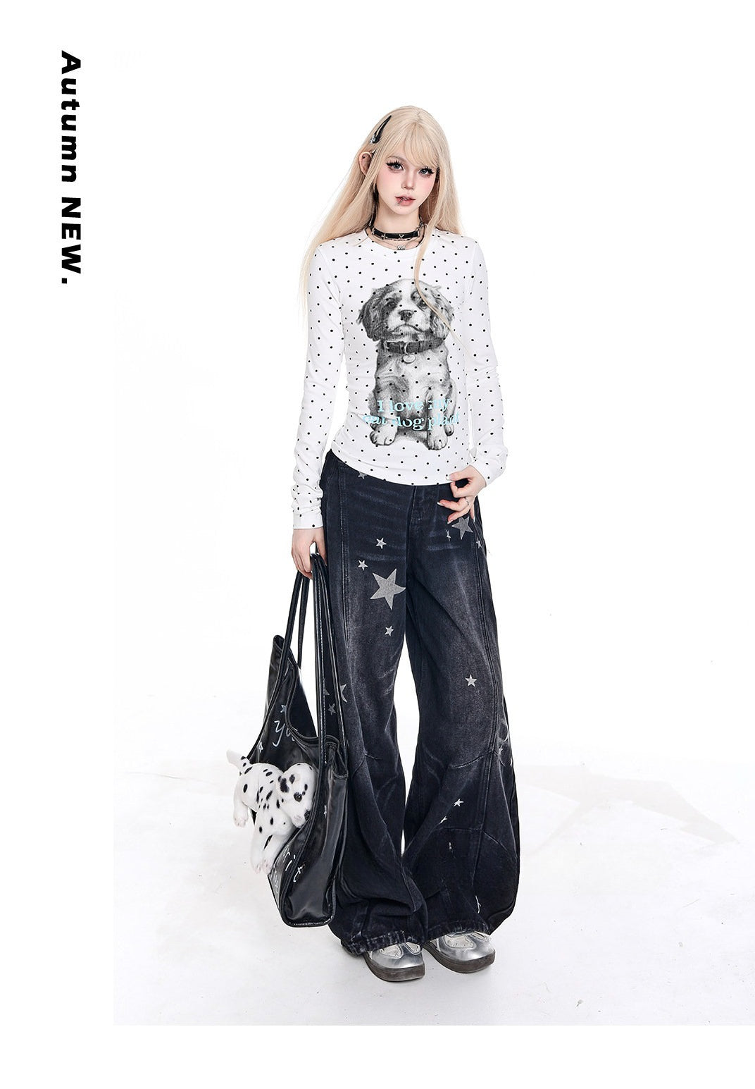 Vintage Star Print Curved Wide Leg Baggy Floor‑Length Denim Jeans